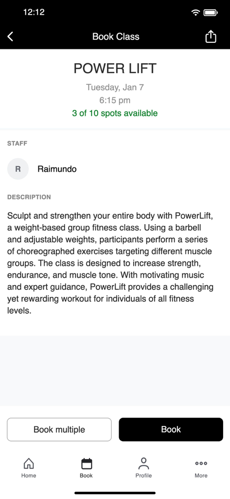BodyTech Fitness & Spa - Mobile app screen for booking a Power Lift fitness class including session details and instructor name