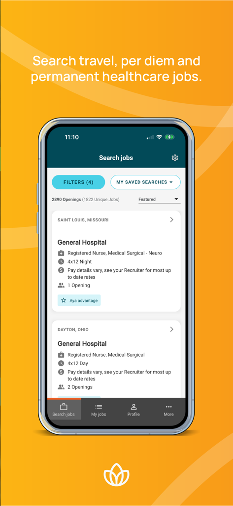 Aya Healthcare Job Search - Aya Healthcare mobile app screen displaying a search interface for travel and permanent nursing jobs in various US locations.