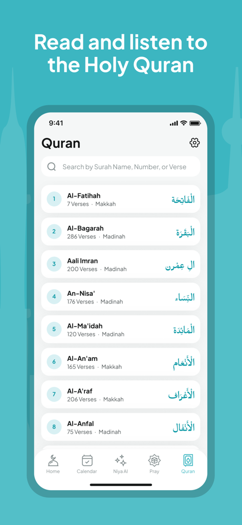 Interface of Niya app displaying a list of Surahs from the Holy Quran with search functionality