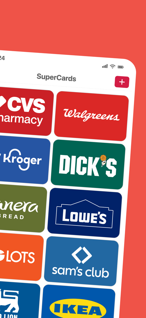 SuperCards: Store Card - Digital grid of retail store loyalty cards including CVS Walgreens and Kroger in the SuperCards app interface
