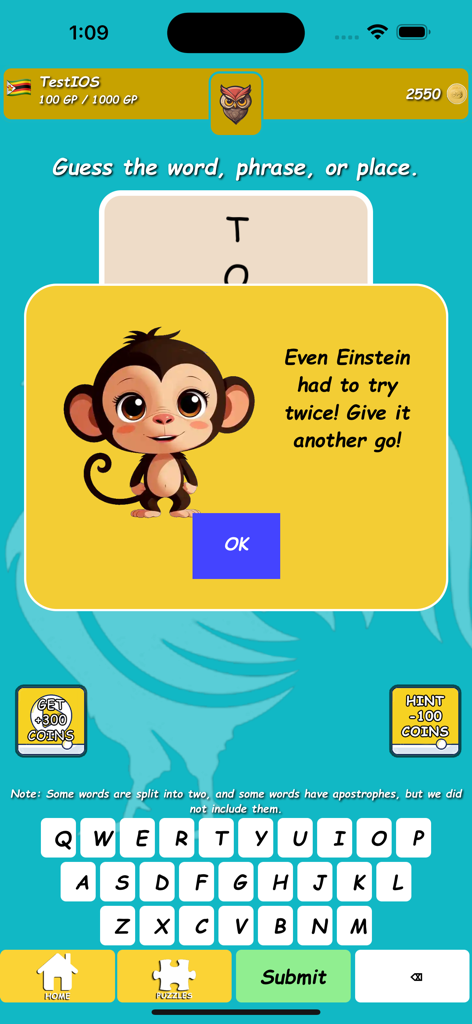 Rebus Puzzle: Brain Teaser - Rebus Puzzle gameplay screen showing an encouraging pop-up message with a cartoon monkey and a keyboard