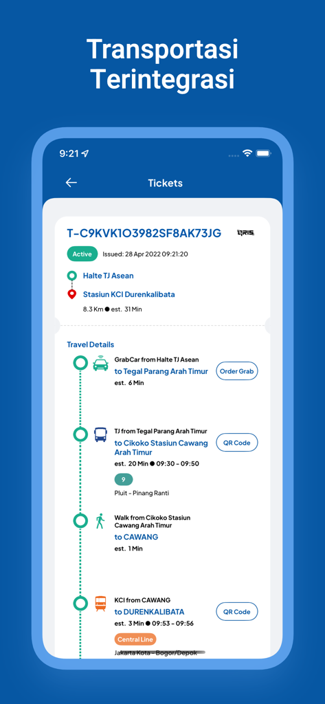 JakLingko mobile app screen showing an integrated travel ticket with multi modal transportation steps