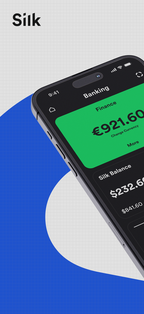 Smartphone displaying the Silk Bank app banking dashboard with financial account balances in dark mode.