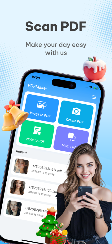 PDFMaker mobile app home screen showing scan to PDF and document conversion features