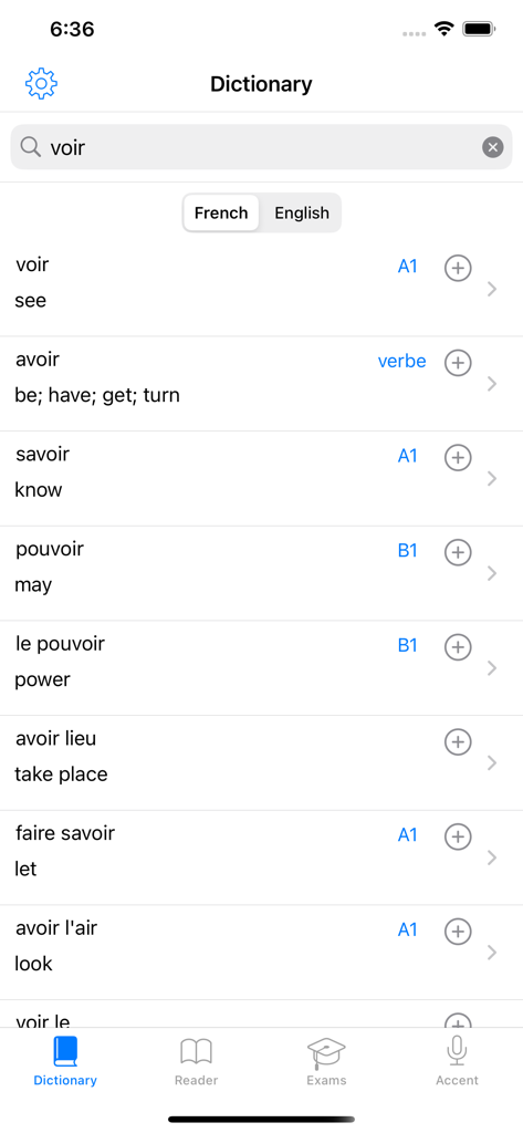 French : A1, A2, B1, B2 exams - Dictionary search results in the French learning app showing word translations and CEFR level tags like A1 and B1.