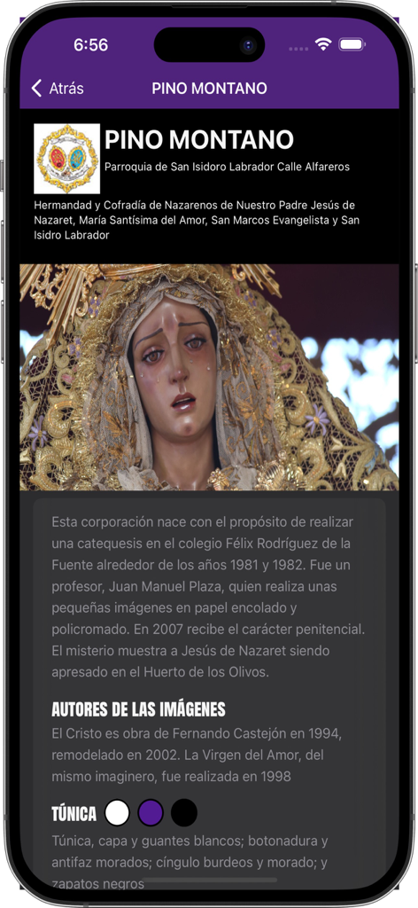 Écran de l'application mobile montrant les détails historiques et les images de la confrérie Pino Montano à Séville