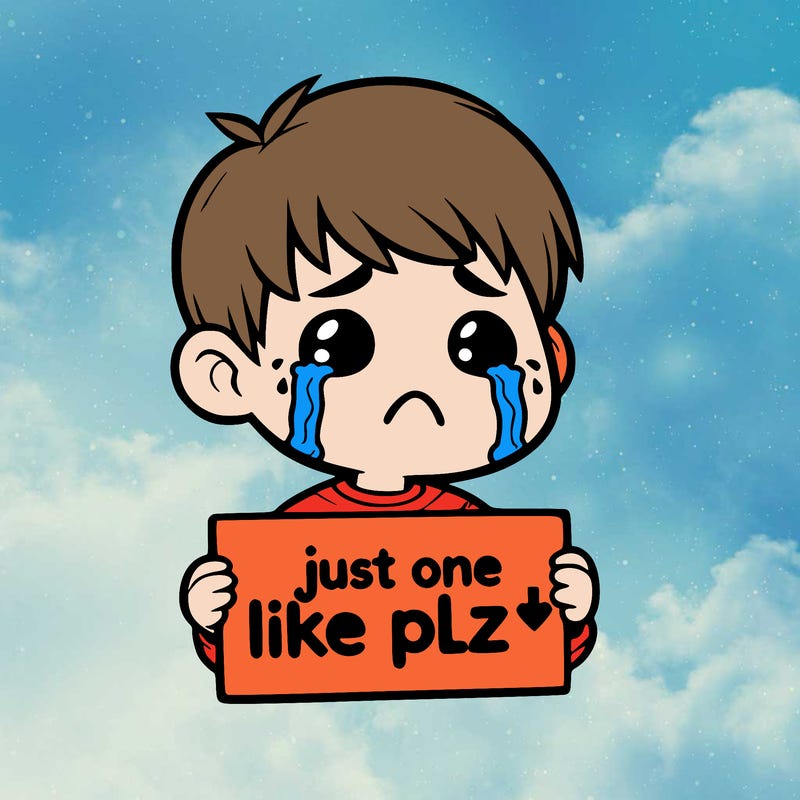 realistic crying boy with a sign saying just one like plz