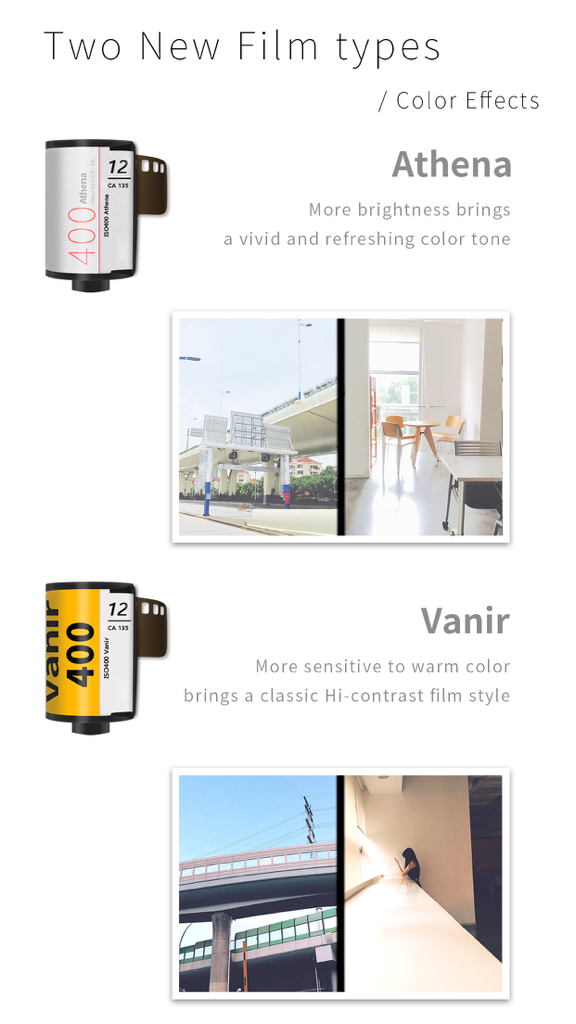 Showcase of two film rolls in the Halframe app called Athena and Vanir with sample diptych photos