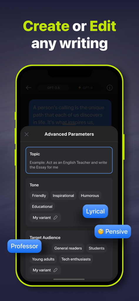 Smart Solver – AI Homework Aid - Smart Solver app screen showing advanced writing parameters for tone and target audience selection