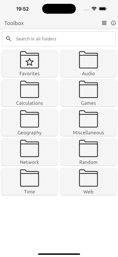 La interfaz principal de la aplicación Toolbox que muestra carpetas de utilidad categorizadas para herramientas como audio de red y cálculos.