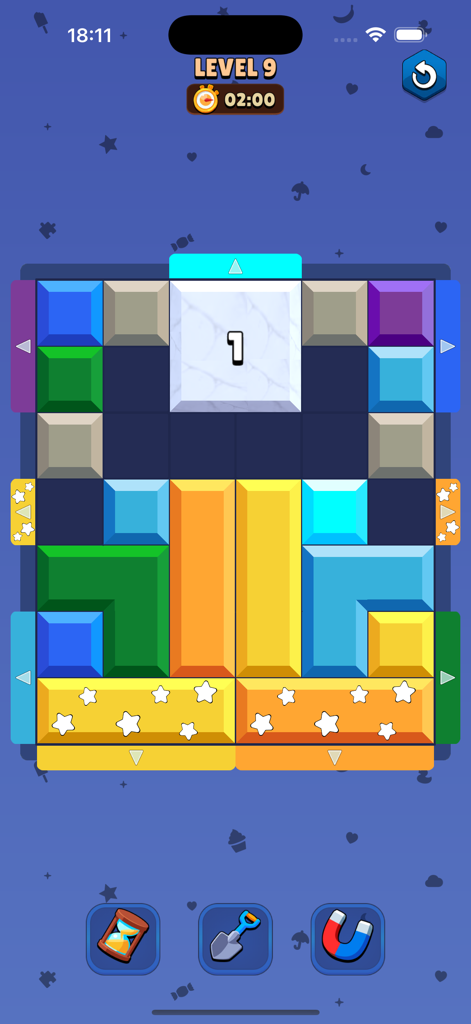 Color Block Jam Games - Jugabilidad de Color Block Jam Games mostrando un puzzle de nivel 9 con bloques coloridos y potenciadores.