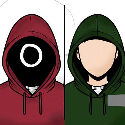 a person with a hoodie and no face, the drawing is split in 2