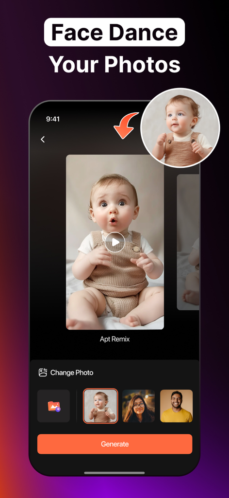 AI Video Generator - Virbo - Écran de smartphone montrant la fonction Face Dance dans l'application Virbo animant la photo d'un bébé.
