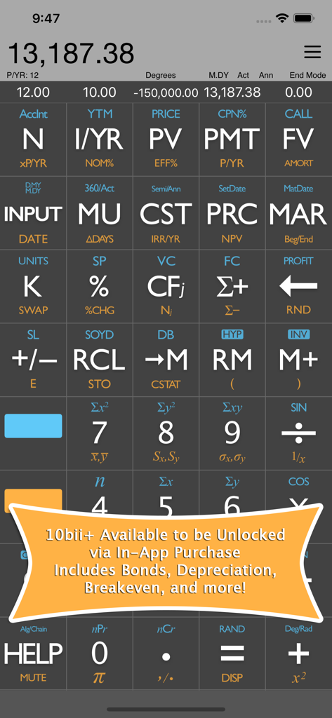 Main interface of the 10bii Financial Calculator app featuring TVM calculation buttons and a banner for additional features