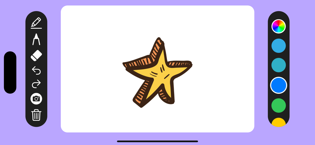 Doodle Joy - Draw, Sketch, Pad - Une capture d'écran de l'application de dessin Doodle Joy montrant un croquis d'étoile jaune avec des barres d'outils latérales pour les outils et les couleurs