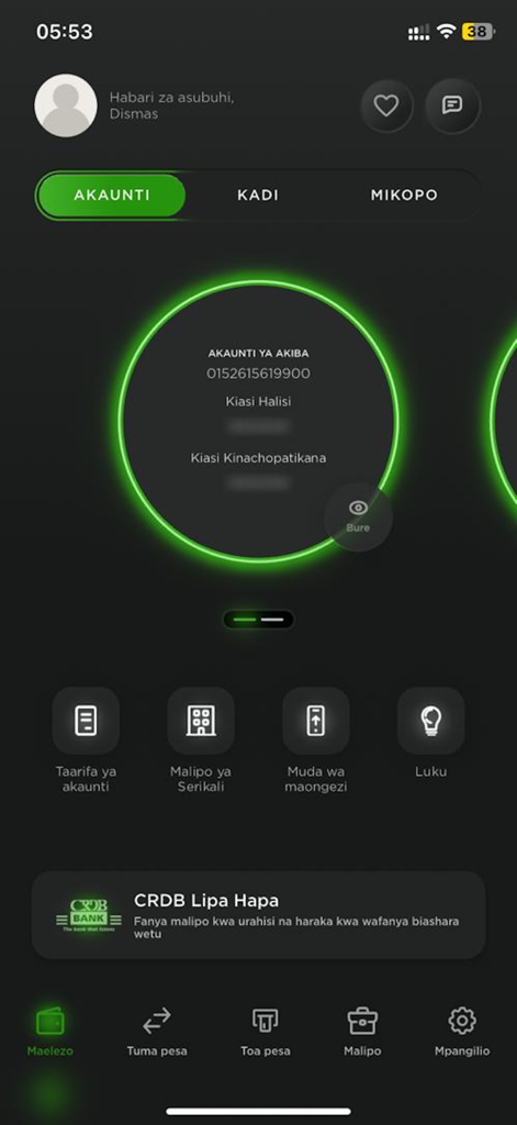 CRDB BANK SIMBANKING DRC - CRDB Bank SimBanking DRC mobile app dashboard showing savings account balance and service icons like government payments and airtime