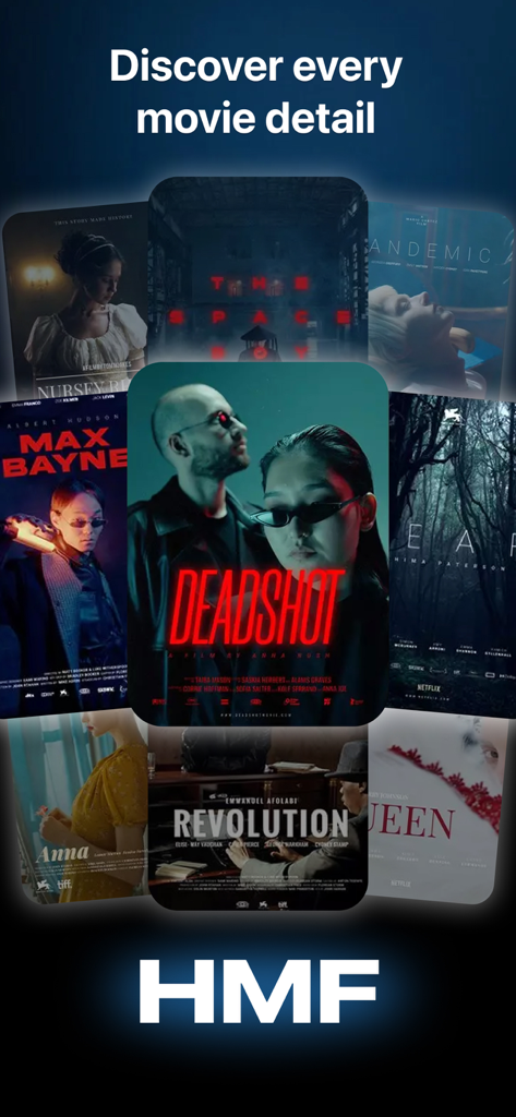 Hit MovieFlix - A collage of movie posters on a mobile screen with the text Discover every movie detail and the HMF logo