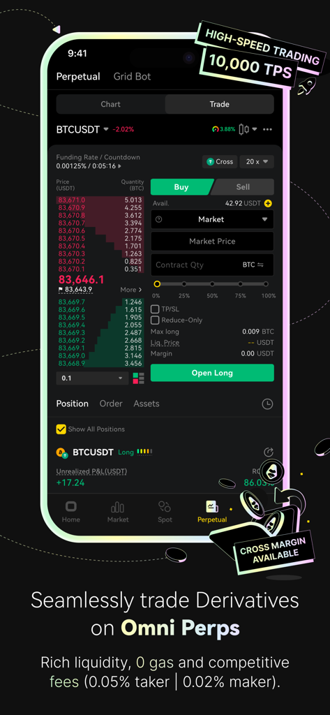 ApeX Protocol mobile app interface showing BTCUSDT perpetual trading with high speed and zero gas fees.