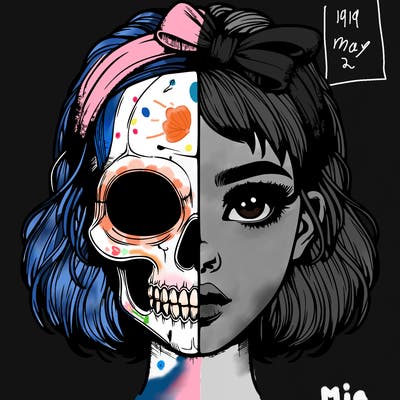 realistic girl with half skull mask