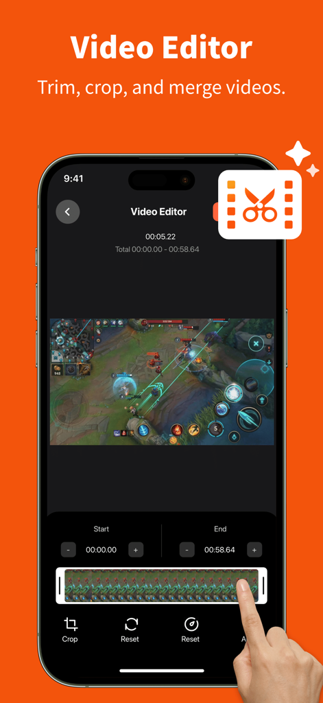 RecGen 앱 비디오 편집기 인터페이스가 iPhone에서 편집 및 자르기 중인 모바일 게임 녹화를 보여줍니다.