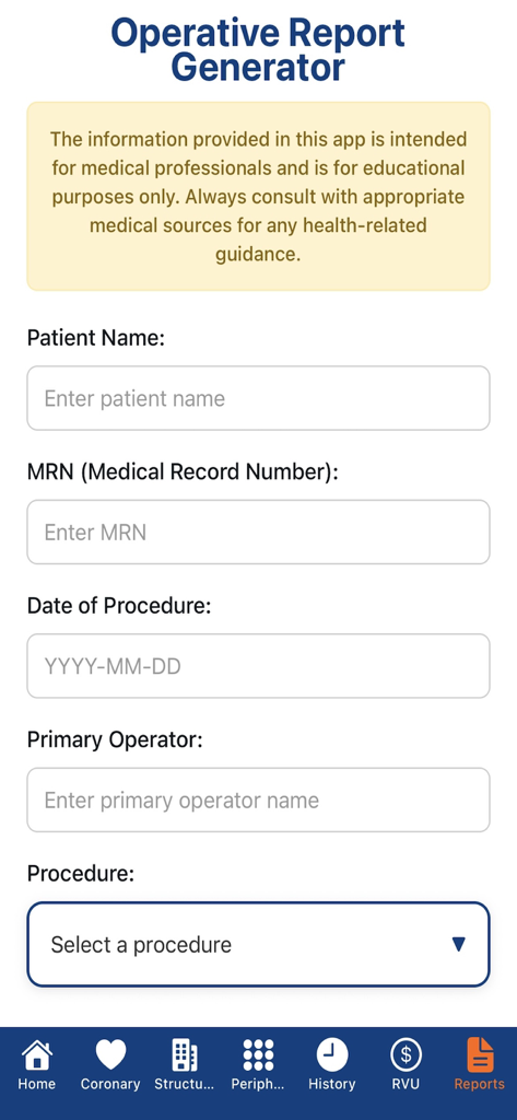 Interventional Cardiology Hub - A mobile app screen for an Operative Report Generator featuring form fields for patient name, medical record number, procedure date, and primary operator selection.