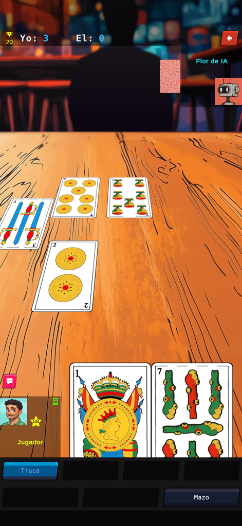 Jugabilidad del juego de cartas móvil Truco Uruguayo mostrando cartas españolas sobre una mesa