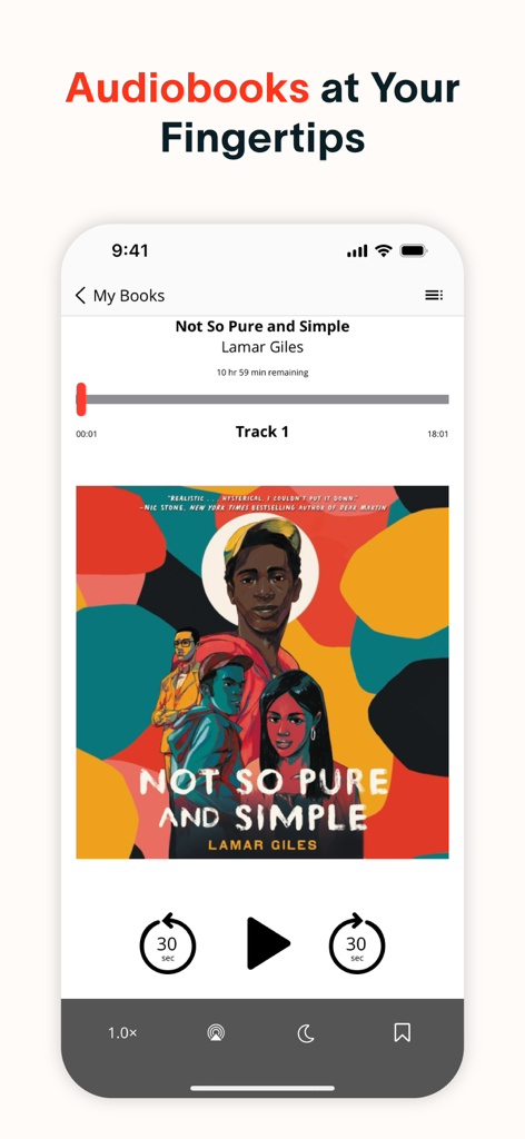 Audiobook player interface on The Palace Project app