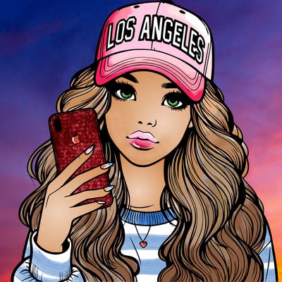 realistic beautiful girl wearing los ángeles cap holding an iphone