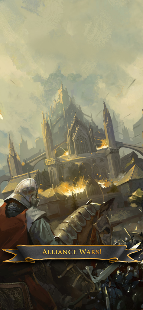 Um cavaleiro medieval a cavalo olhando para um castelo sob cerco com um banner de Guerras de Aliança