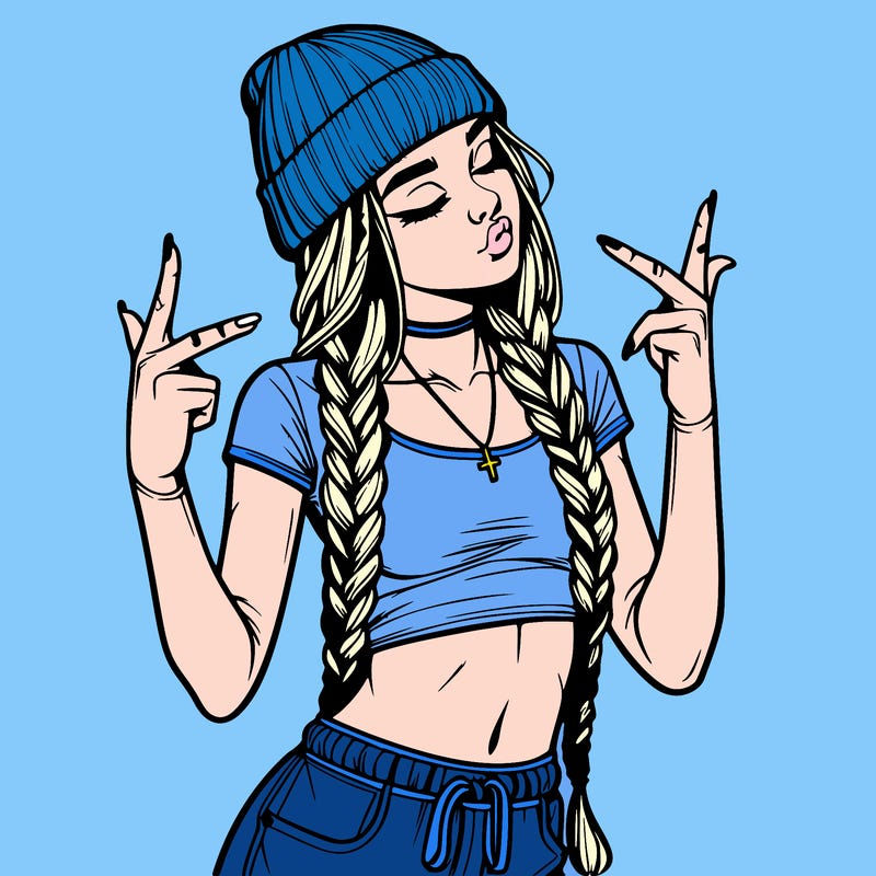 realistic teenage girl with braids and a beanie and crop top doing 🫶🏼