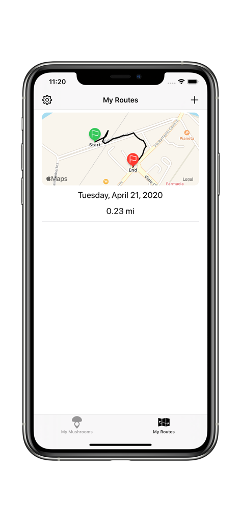 Track My Mushrooms - A smartphone displaying the My Routes screen of the Track My Mushrooms app showing a tracked path on a map with distance and date info.