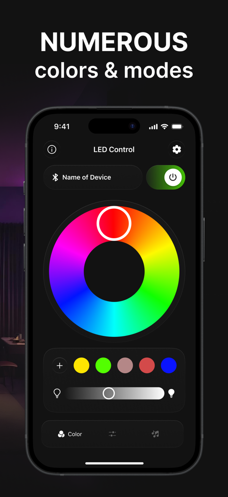 Remote LED & Light Controller - Captura de pantalla de iPhone que muestra la rueda de colores y la configuración de brillo de la aplicación Controlador LED y de Iluminación Remoto.