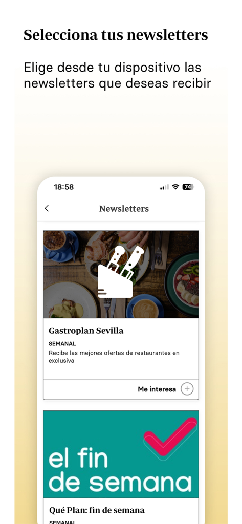 Diario ABC de Sevilla - Schermata dello smartphone che mostra le opzioni di iscrizione alla newsletter per gastronomia e piani per il fine settimana nell'app ABC de Sevilla