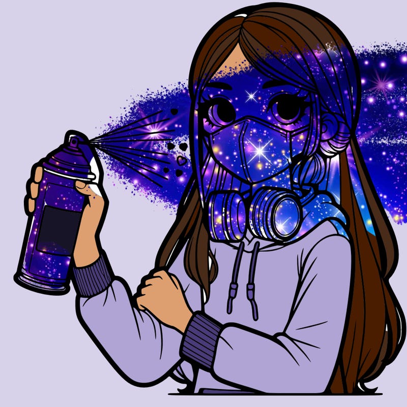 a girl wearing a mask, holding a can of spray paint with spray paint on her clothes and long hair