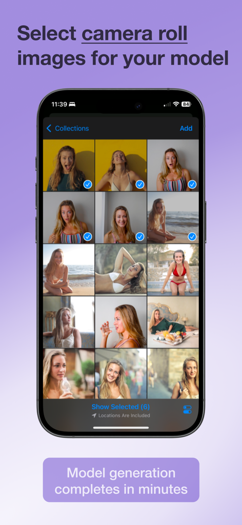 Smartphone-Bildschirm mit einem Raster von Fotos, die für das KI-Modelltraining ausgewählt werden.