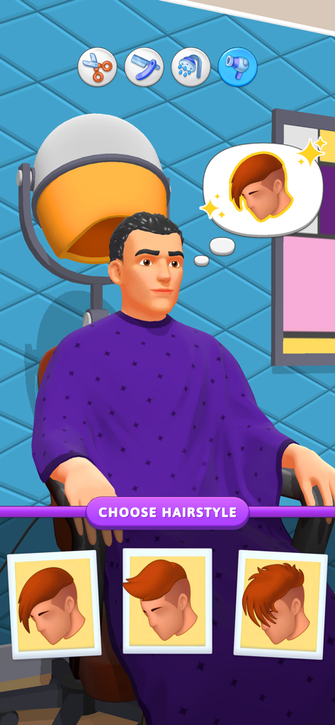 Un personaje masculino en una silla de barbero eligiendo entre diferentes opciones de peinado en el juego Hair Tattoo.