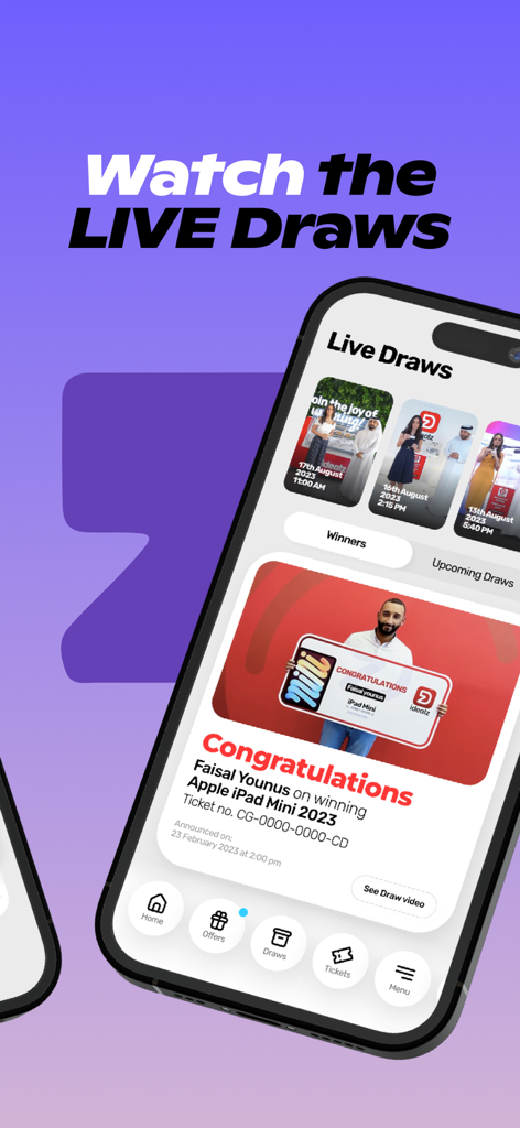 A mobile app screen for Idealz Lebanon showing live prize draws and a winner announcement for an Apple iPad Mini.