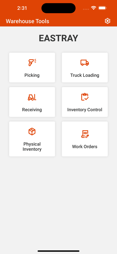 Main menu of the Agility Mobile Warehouse Tools app featuring modules for picking receiving and inventory management
