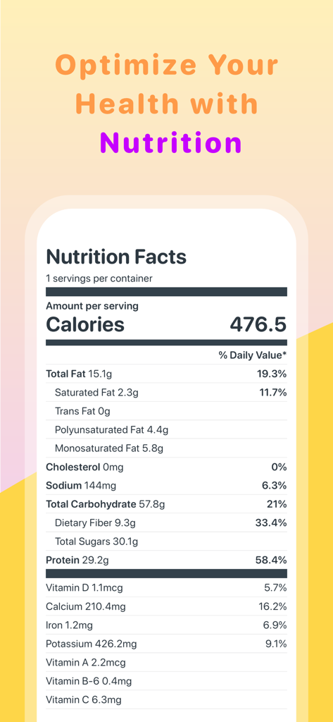 Plantiful - Healthy Recipes - Nutrition facts label showing calories and nutrients in the Plantiful app