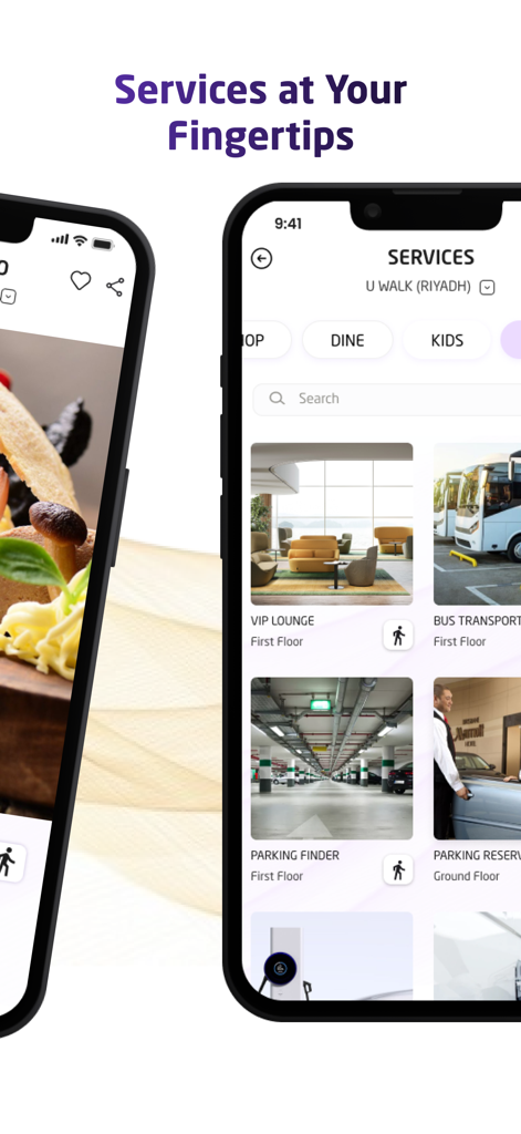 Cenomi Plus app showing mall services including VIP lounge parking finder and transportation options