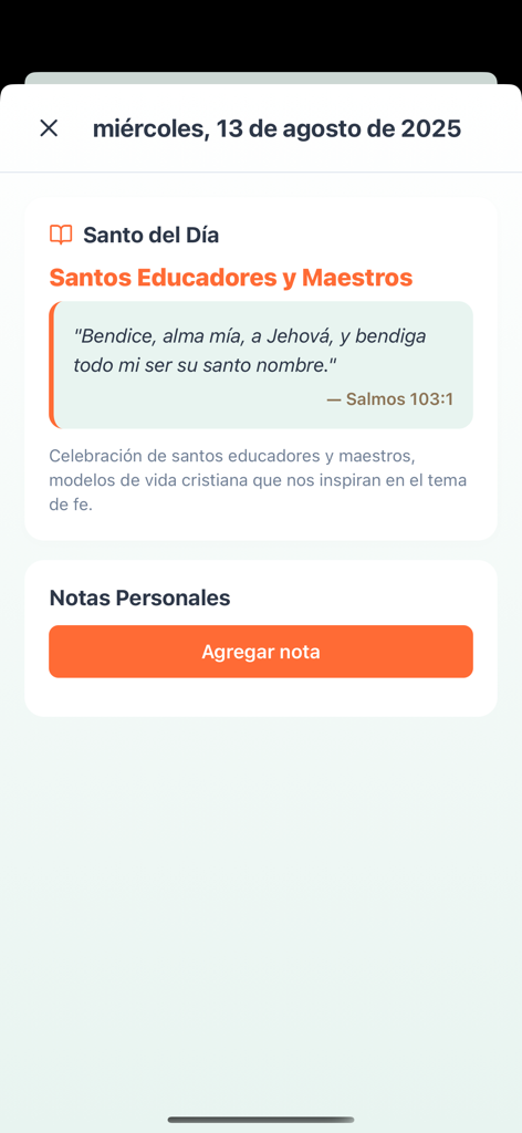 Versículos Diarios Cristianos - Interface of the Christian daily verse app showing the Saint of the Day and a personal notes section in Spanish.