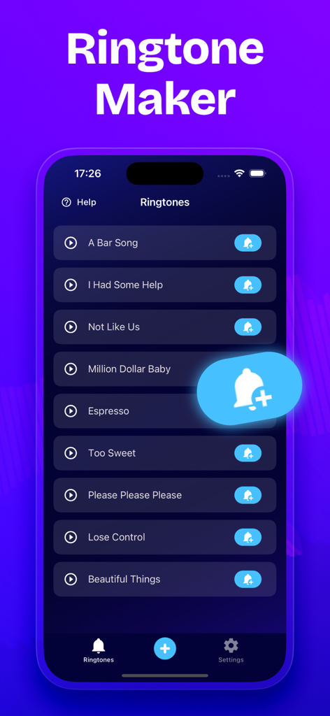 Ringtone Maker: SnapTone - SnapToneアプリのインターフェース。カスタムiPhone着信音を作成するために使用されたトレンドの曲のリストを表示