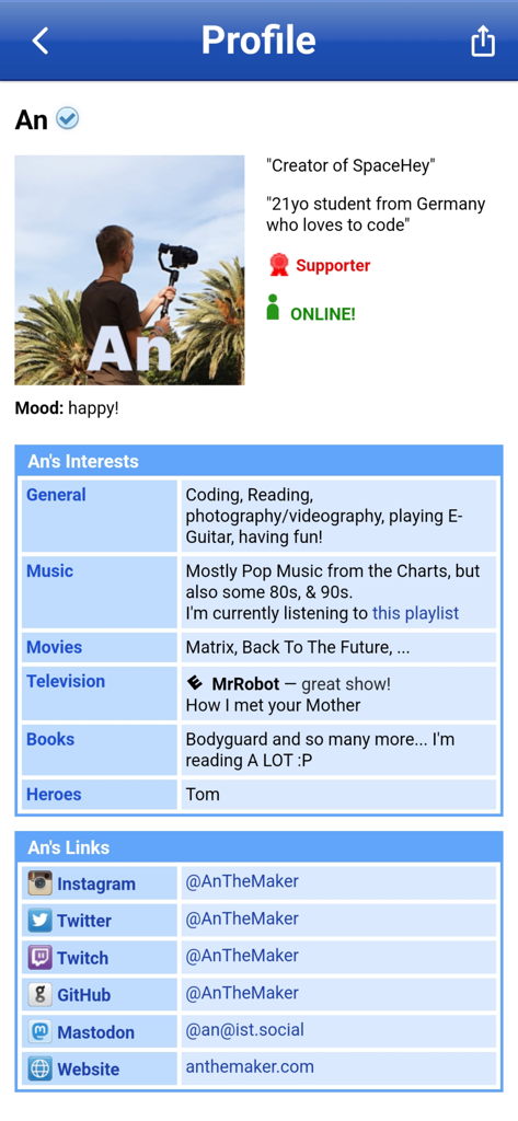 Interface de profil utilisateur rétro sur SpaceHey Mobile montrant les centres d'intérêt et les liens sociaux