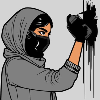 realistic girl with mask spray painting a wall