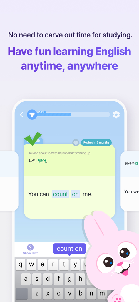 Epop: Learn Real-Life English - Interface de l'application Epop affichant un exercice de traduction de phrases avec une mignonne mascotte de lapin.