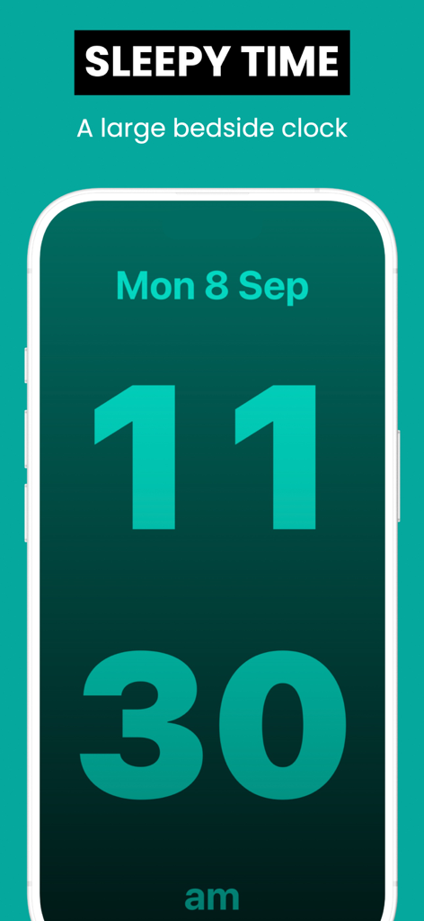 Bed Time | Large Clock - Bed Time app interface featuring a large teal digital clock and date on a smartphone screen