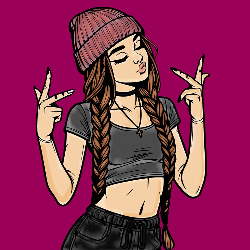 realistic teenage girl with braids and a beanie and crop top doing 🫶🏼