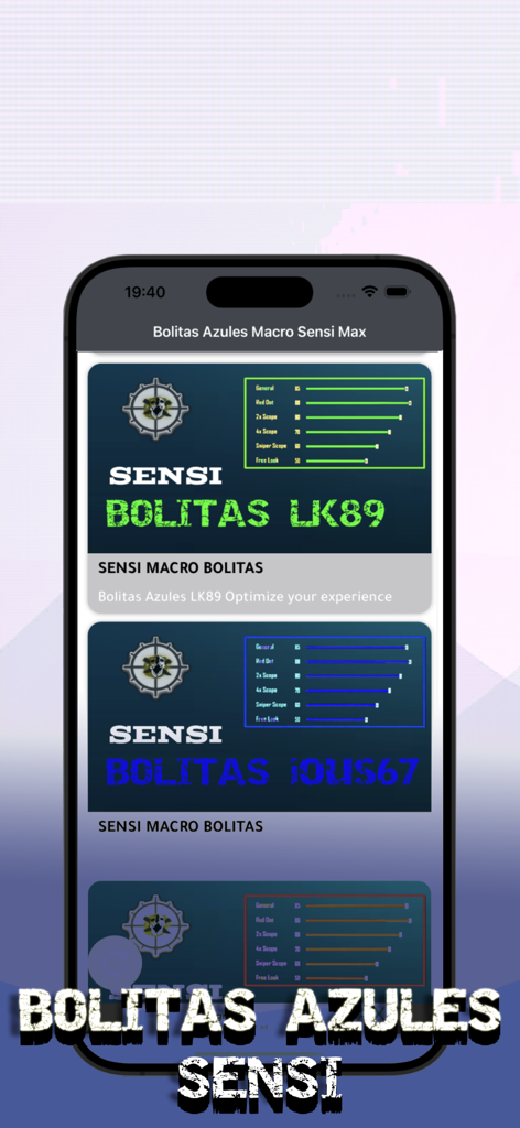 Interfaz de Bolitas Azules Macro Sensi Max mostrando configuraciones de sensibilidad de juego y controles deslizantes