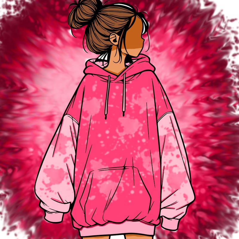 realistic girl with a oversized sweatshirt on and a bun