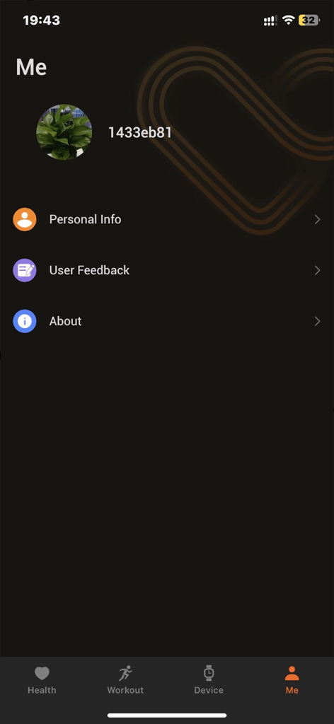 iPulse-fitness&health - Écran de profil utilisateur de l'application de fitness et de santé iPulse affichant les paramètres du compte et les options de menu